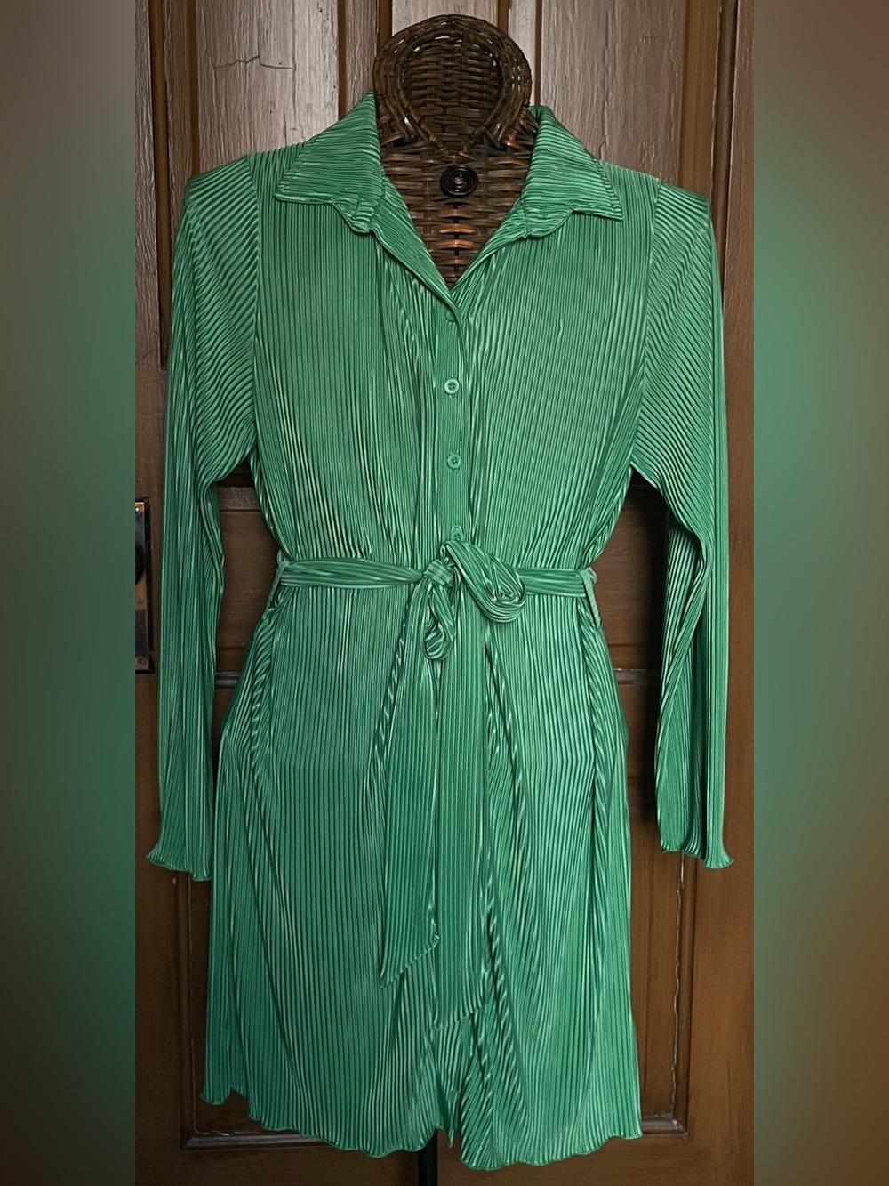 Green Pleated Shirt Dress with Tie Waist
